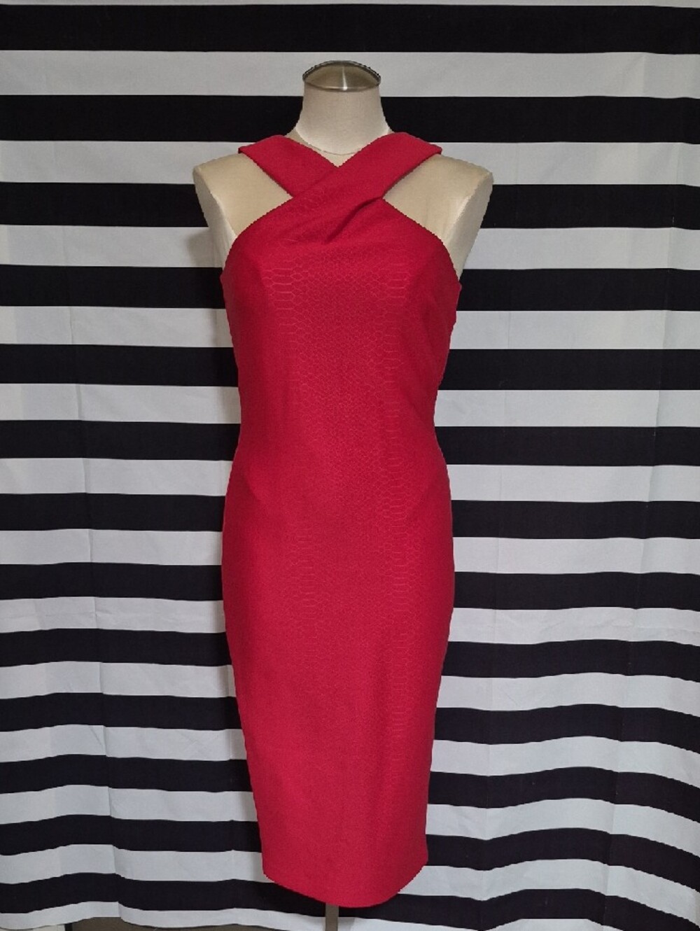 Red Cross-Neck Bodycon Midi Dress - Women